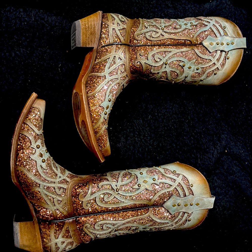 Women’s Cowboy Boots Turquoise Glitter Inlay Snip Toe Size 7.5